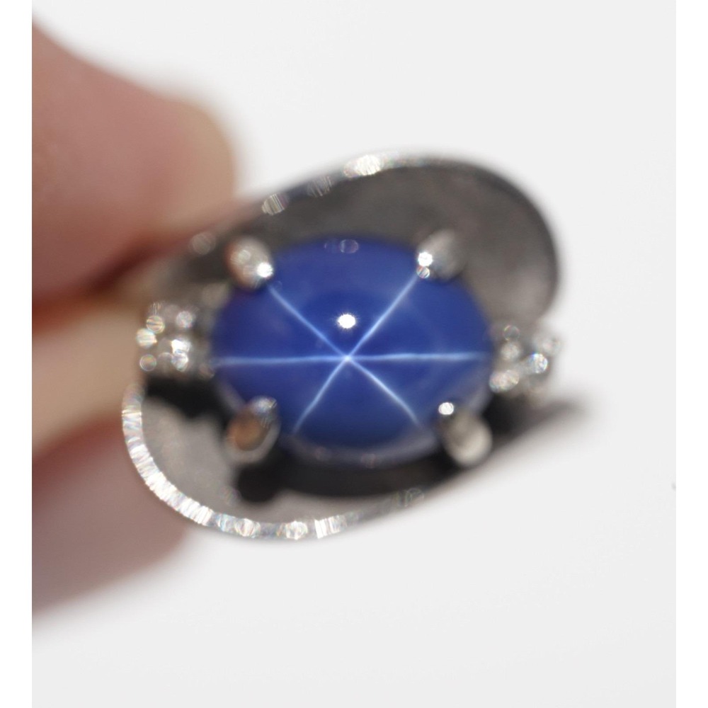 Vintage 14k Solid White Gold Blue Star Sapphire & Diamond Ring - Round - Picture 9 of 9